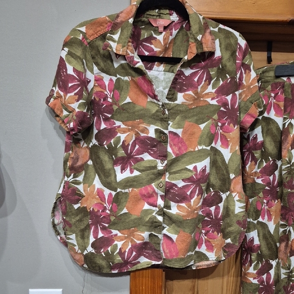 Floral Two-Piece Linen Set in Olive Green & Rose - Picture 2 of 7